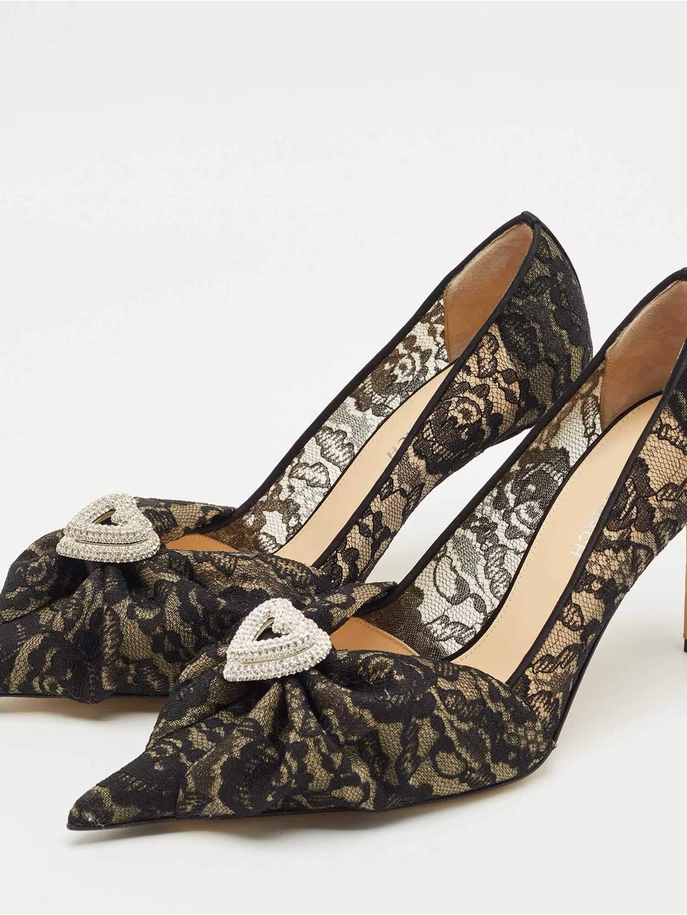 MACH & MACH Black Lace Pointed Pumps with Crystal Heart Accent